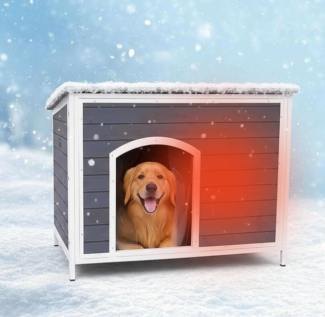 Large Outdoor Wooden Dog House for Medium to Large Dogs | Weatherproof Asphalt Roof, Chew-Resistant Frame,Indoor/Outdoor Use (Grey, 43.3" L × 26.4" W × 29.5" H)